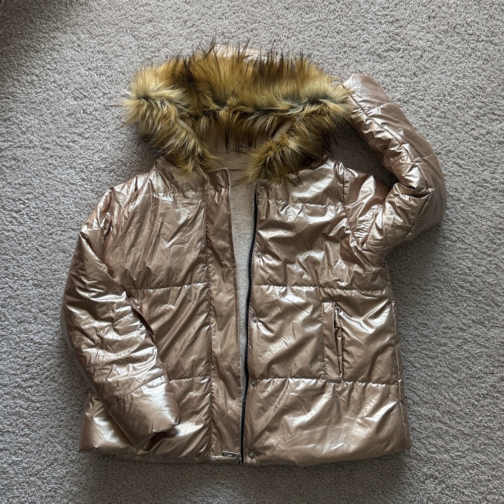 Rose gold metallic puffer jacket with fur hood